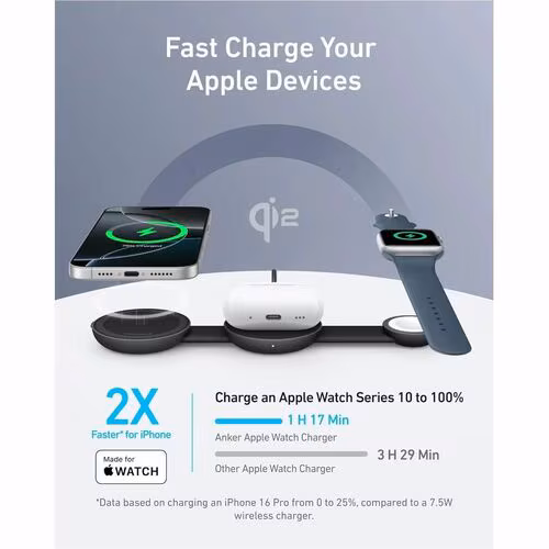 ANKER MagGo A2557 Cargador por inducción - Negro - Para AirPod, iPhone, Smartwatch, Auricular, Smartphone - 12 V Entrada - Carga rápida, Plegable - vista alternativa