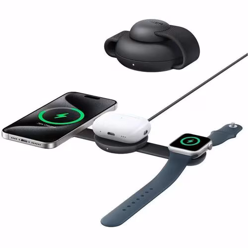 ANKER MagGo A2557 Cargador por inducción - Negro - Para AirPod, iPhone, Smartwatch, Auricular, Smartphone - 12 V Entrada - Carga rápida, Plegable